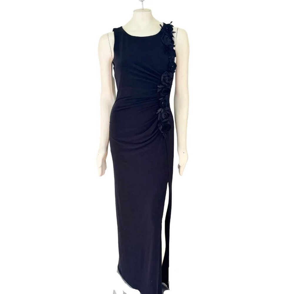 RALPH LAUREN Side Slit Gathered Formal Maxi Dress in Black  3-D Flowers  SZ 8